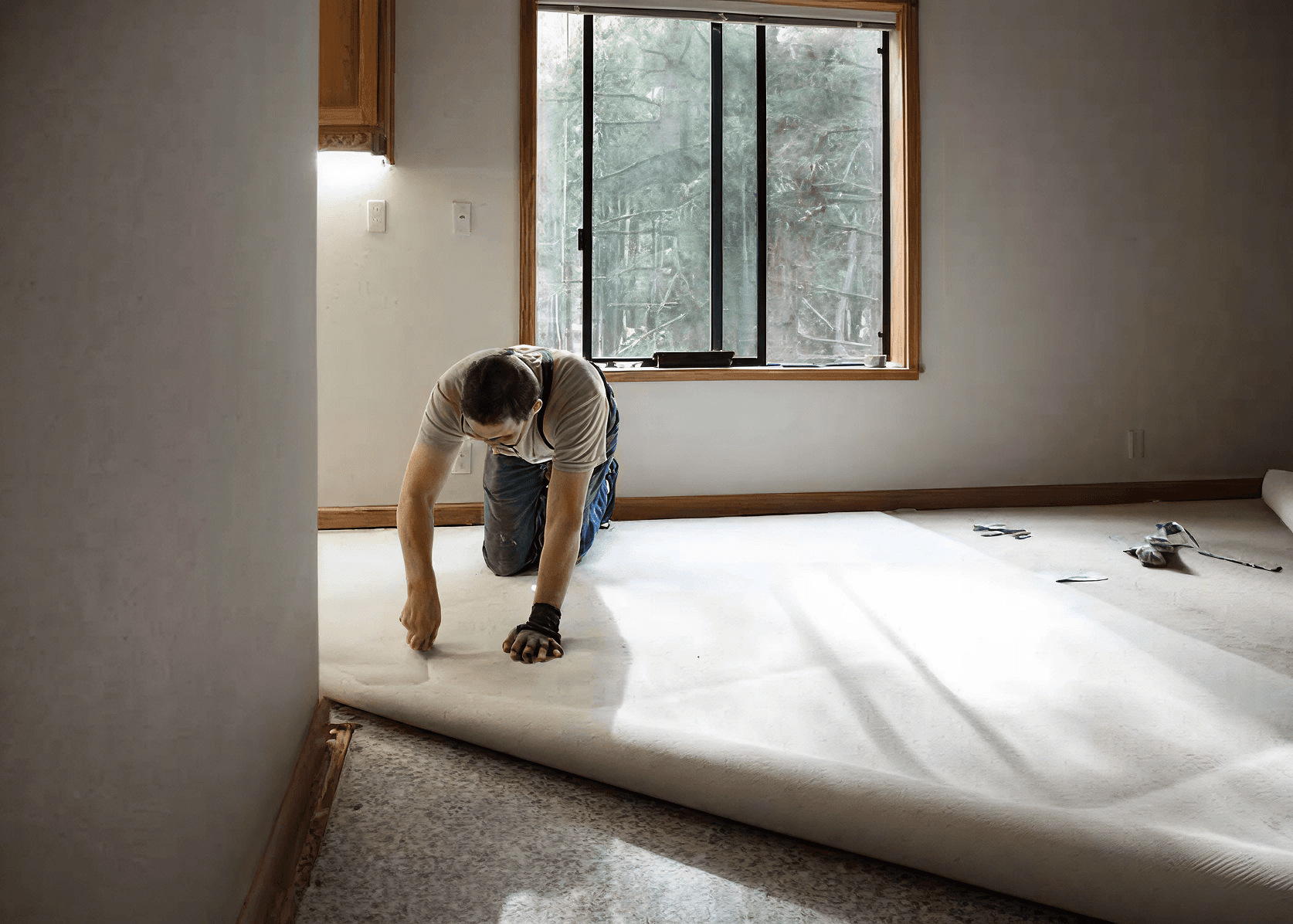 A person kneels, installing carpet in a sunlit room with a large window, focused and precise. Tools are scattered on the floor, creating a calm workspace.