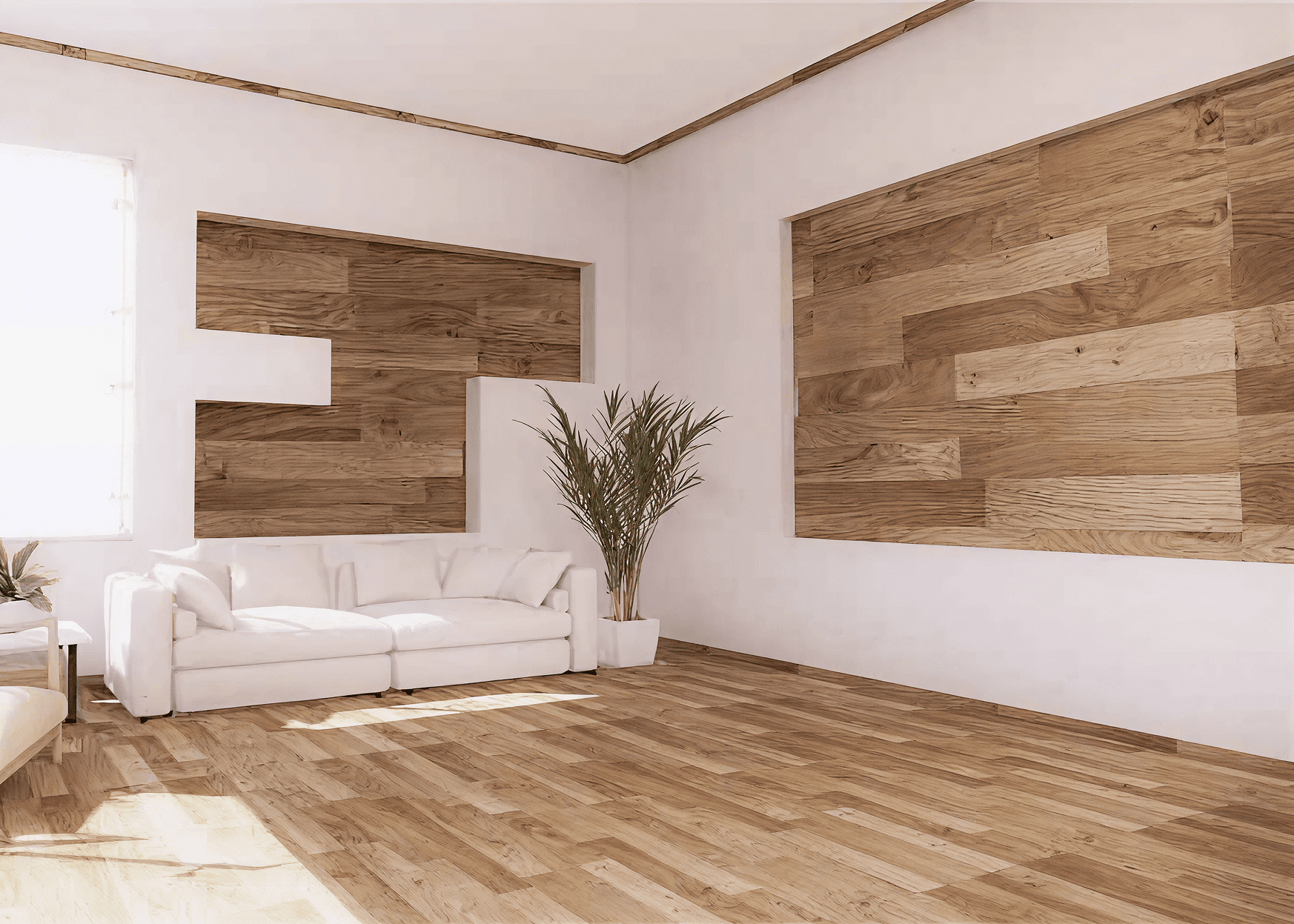Minimalist living room with a white sofa against a wall featuring geometric wood panels. A potted plant adds a touch of nature, creating a calm atmosphere.