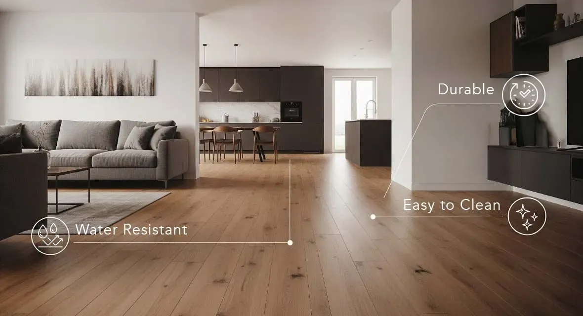 Modern living room with wooden flooring, gray sofa, and open kitchen. Overlays indicate the flooring is water-resistant, durable, and easy to clean.