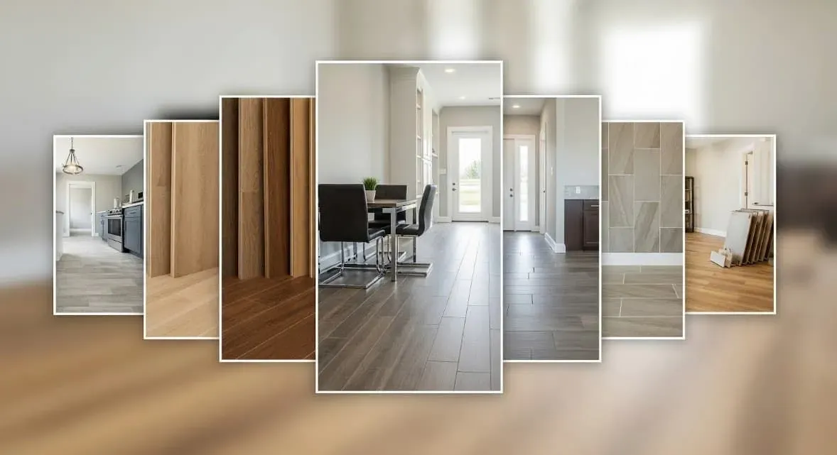 Collage of various wooden and tile flooring styles in a bright room setting. Includes close-ups and full room views, showcasing modern decor.