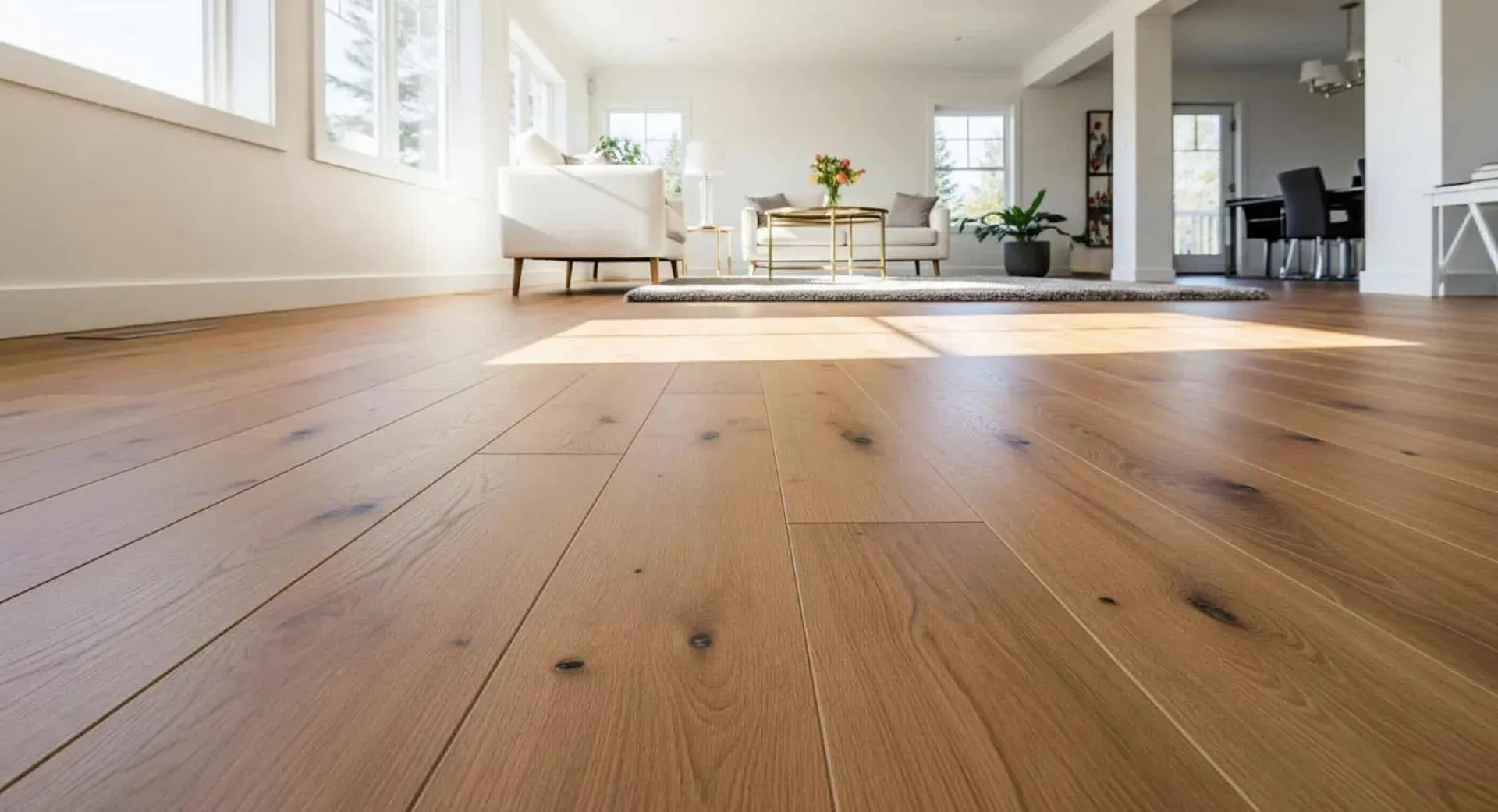 Spacious living room with sunlit, natural wood flooring. White walls, modern furniture, potted plants, and large windows create an airy, serene atmosphere.