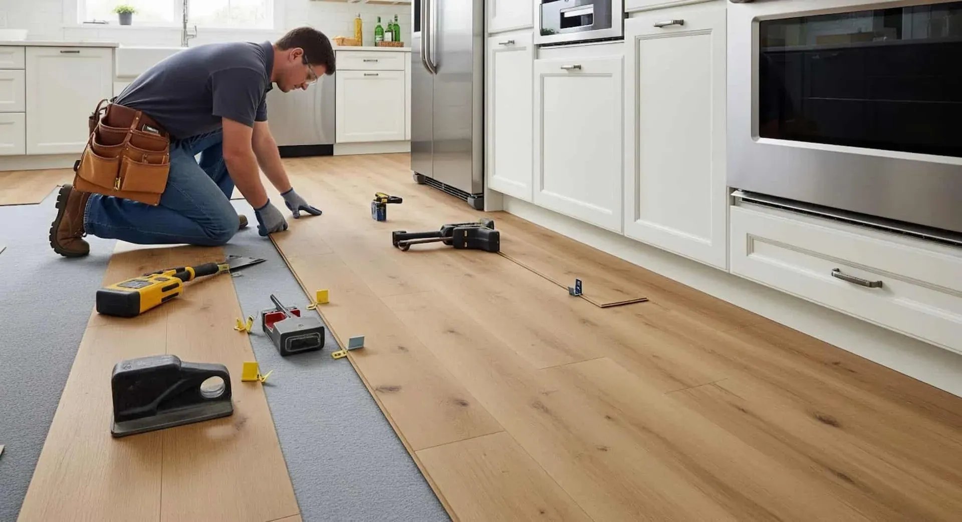 A man kneels in a modern kitchen, installing light wood laminate flooring. Tools and materials are scattered around, suggesting focused work and precision.