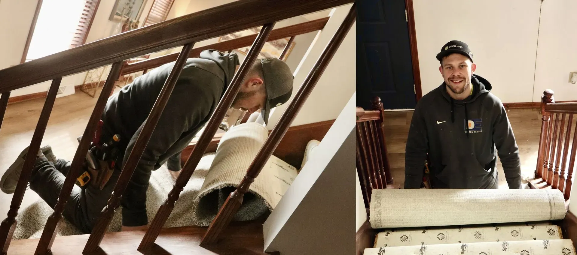 A worker kneels on stairs, installing a gray carpet, focused and using tools. Beside, he stands smiling behind neatly rolled carpets, conveying satisfaction.