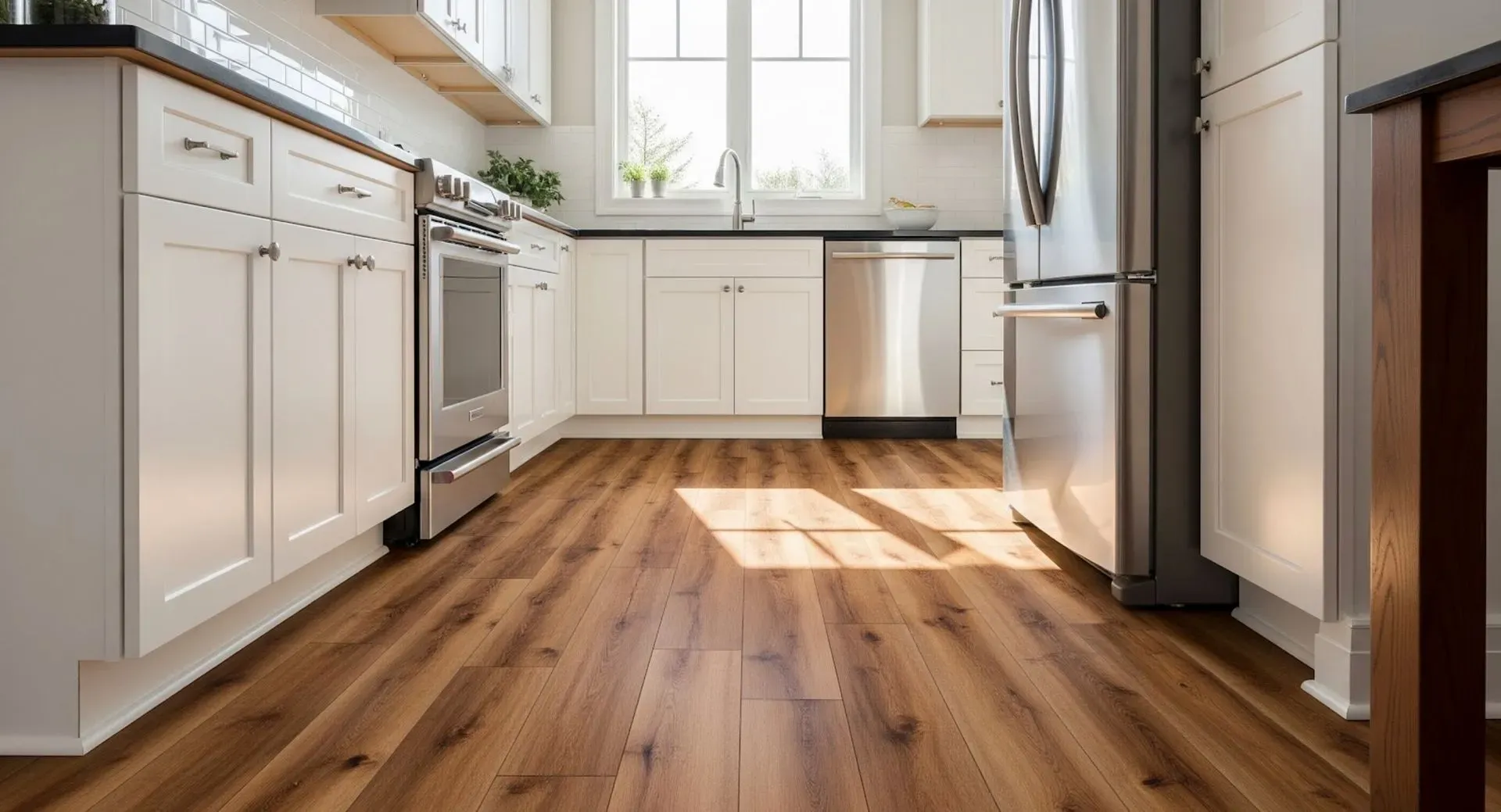 Bright kitchen with white cabinets, stainless steel appliances, and a large window. Sunlight highlights the warm, wood-textured floor, creating an inviting ambiance.