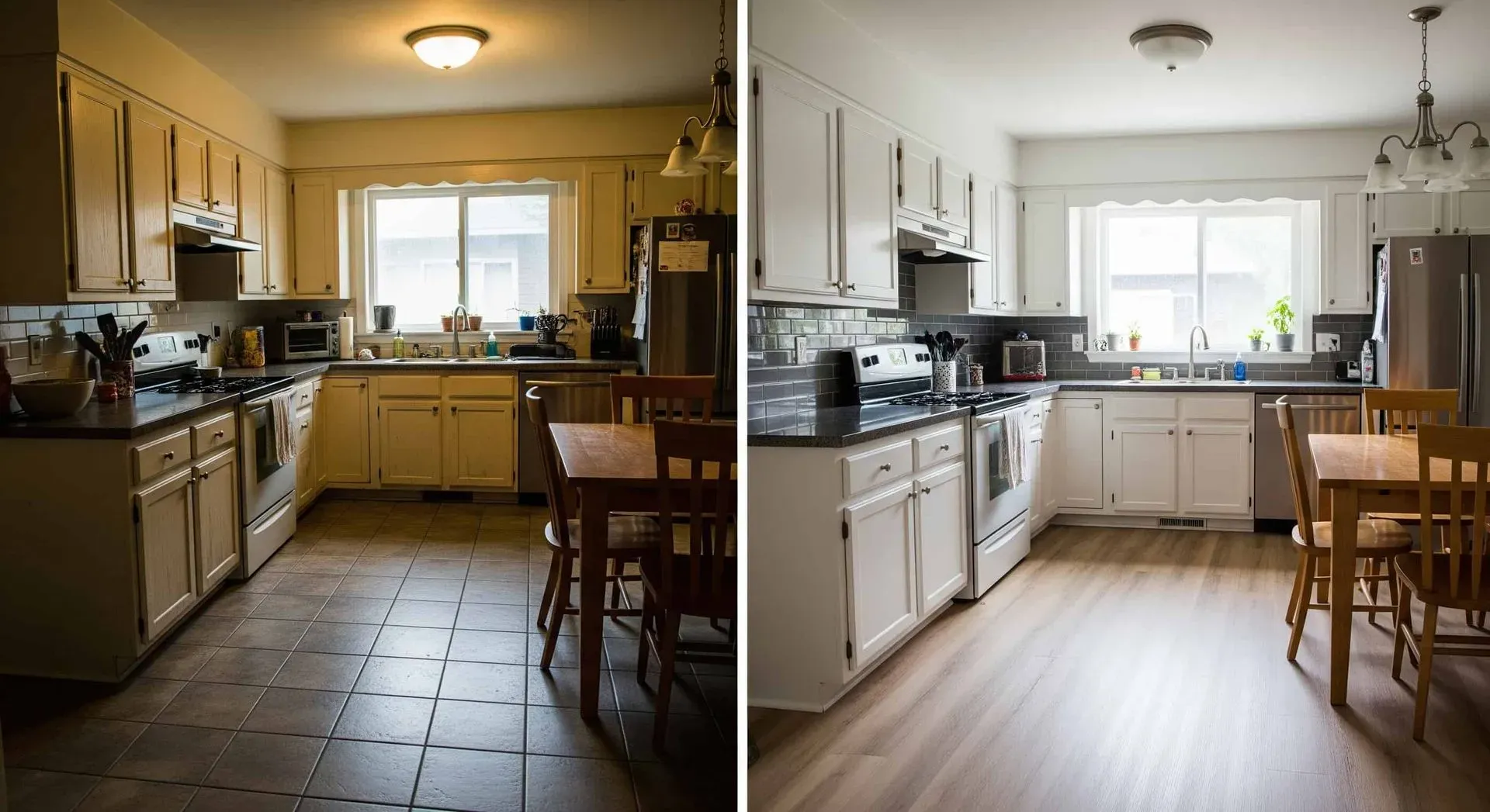 Split image of a kitchen before and after renovation. Left side shows a dimly lit kitchen with dark cabinetry and tiled floor. Right side displays a brighter kitchen with white cabinets, light wooden flooring, and a more modern look, conveying a fresh, open ambiance.