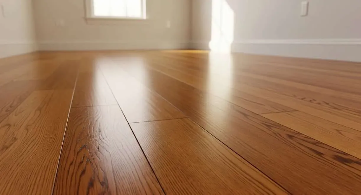 Smooth, polished hardwood floor in an empty room with soft, natural sunlight streaming through a window, creating a warm, inviting atmosphere.