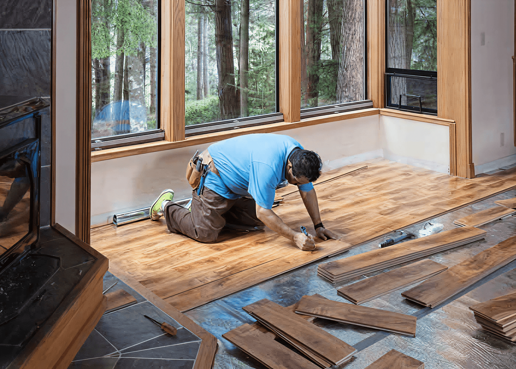 A man in a blue shirt installs wooden flooring in a room with large windows overlooking a forest. Tools and planks are scattered around him, creating a focused work atmosphere.