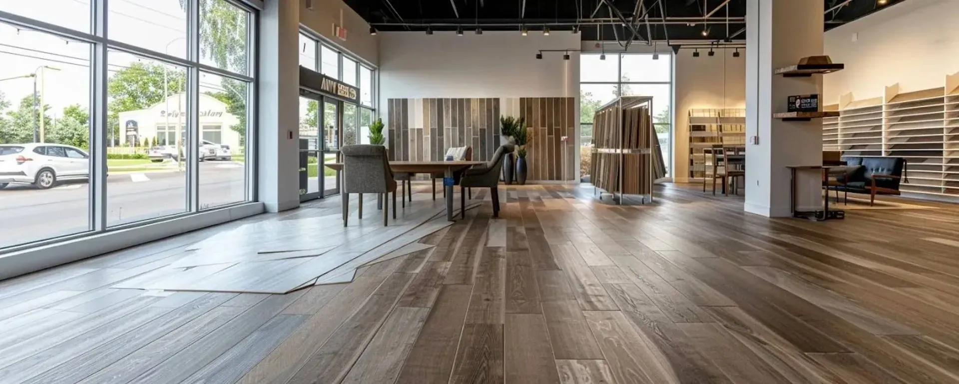 A spacious flooring showroom with large windows showcasing various wood floor samples. Bright atmosphere, modern furniture, and neatly arranged displays.