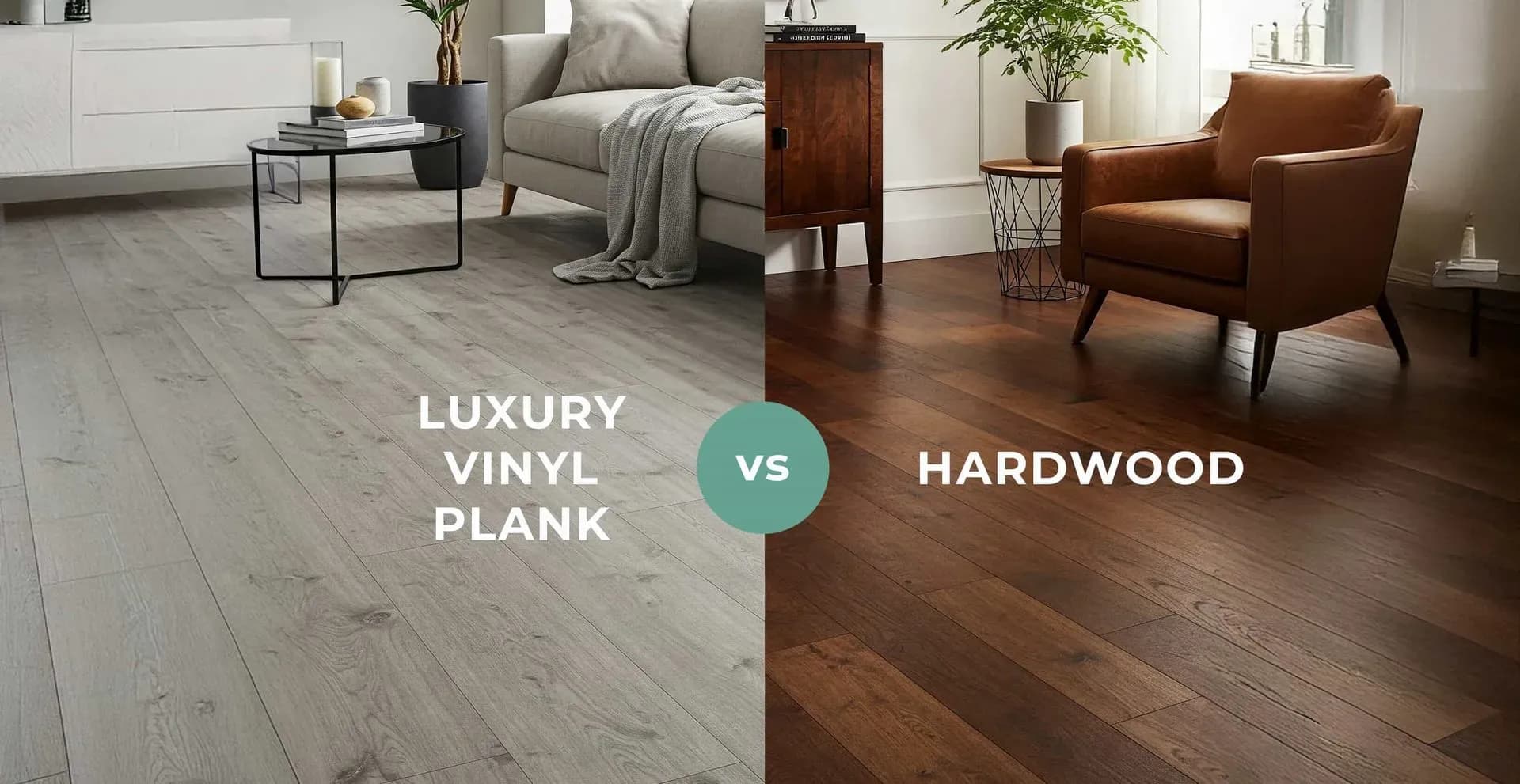 Split image comparing flooring: left side shows light luxury vinyl plank flooring with a modern gray sofa; right side shows dark hardwood with a brown armchair.