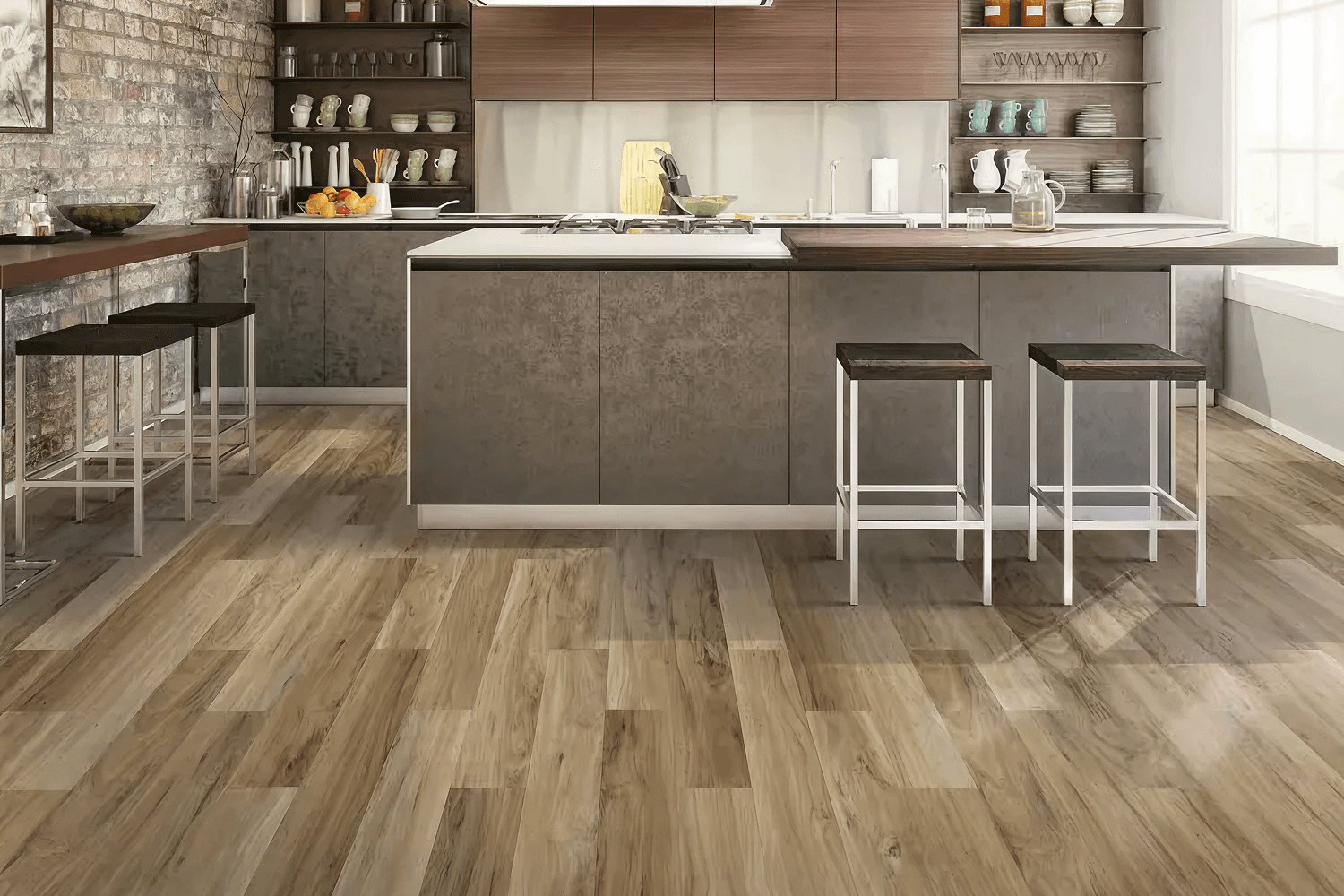 Modern kitchen with a sleek island featuring a gray finish and two barstools. Wooden shelves hold dishes, while a brick wall adds rustic charm. Bright, airy feel.