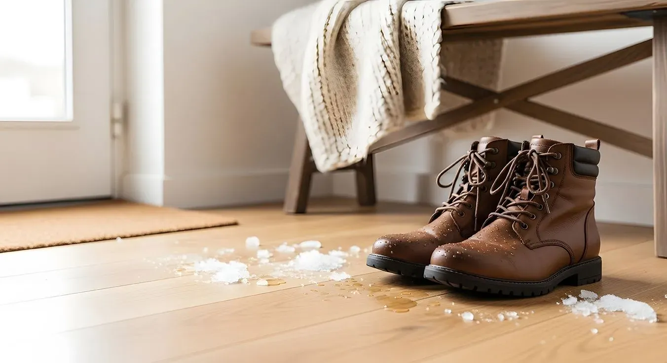 A pair of brown boots on a wooden floor by the door, surrounded by melting snow. A cozy blanket is folded on a nearby bench, creating a warm, inviting atmosphere.