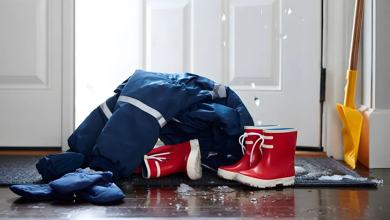 Blue snowsuit, red boots, and gloves lie in a puddle on a doormat by a door, with a yellow snow shovel nearby, conveying a wet, wintry feel.