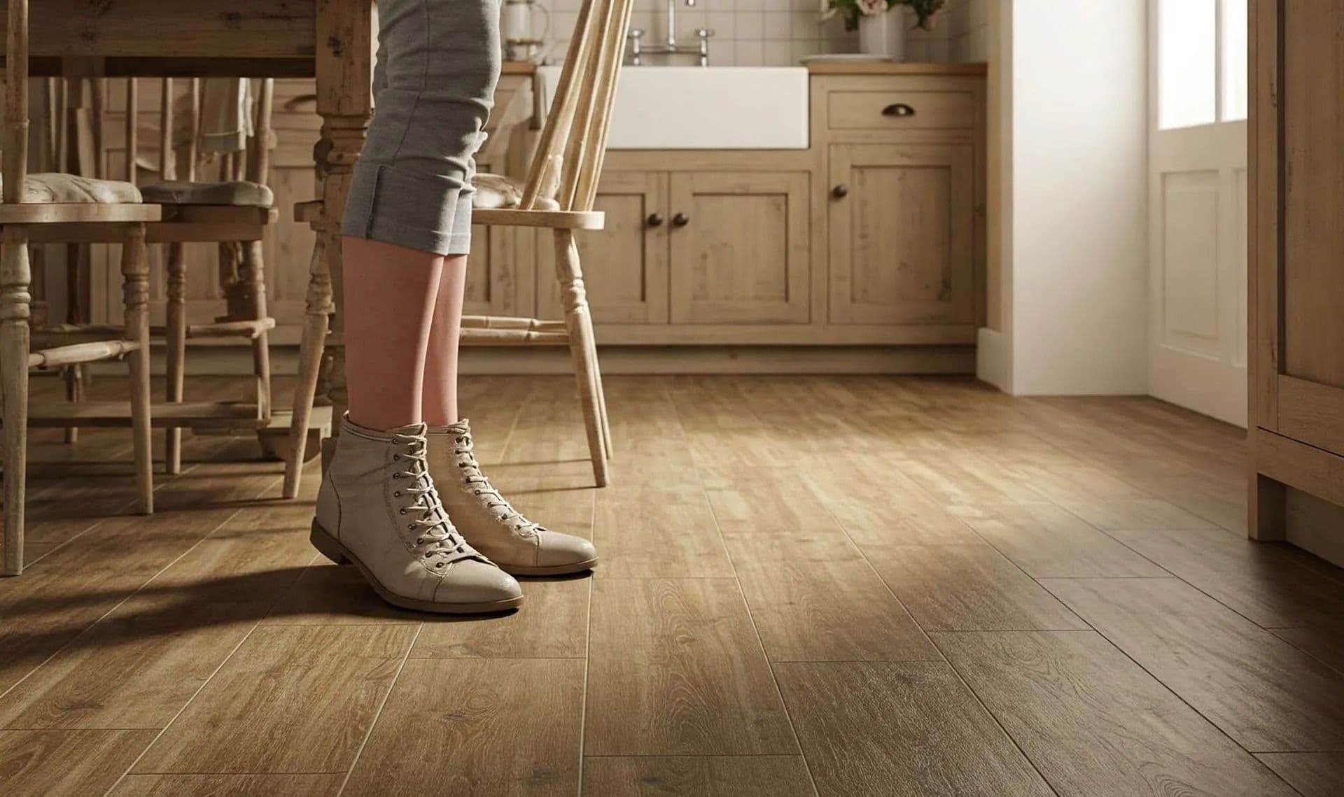 A person stands in a cozy kitchen with wooden cabinets and a tiled backsplash, wearing beige boots on a polished wooden floor. Soft, warm lighting.